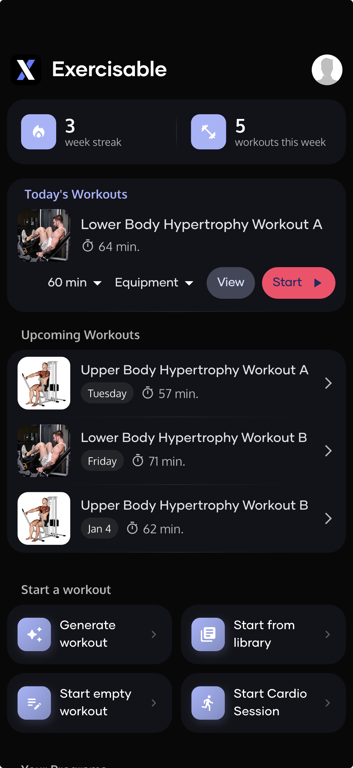 Exercisable App Home Screen